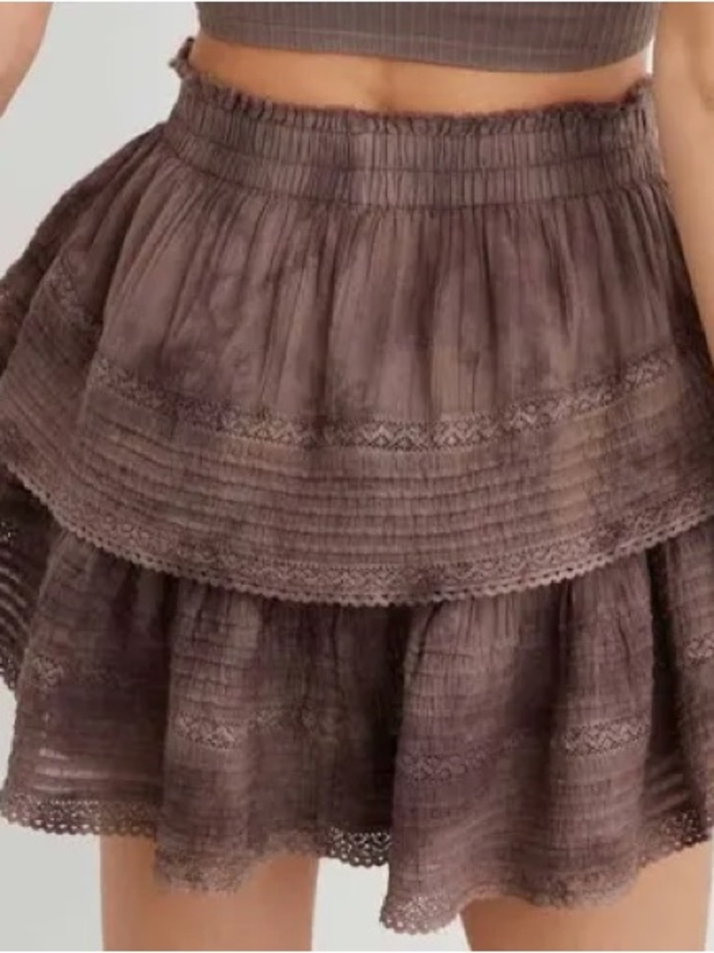 Aerie Brown Tiered Lace-Trim Brown Skirt size Small